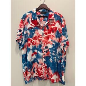 Red White & Blue Tye Dye Men's Button Up Short Sleeve Shirt Sz 2XL 4th of July
